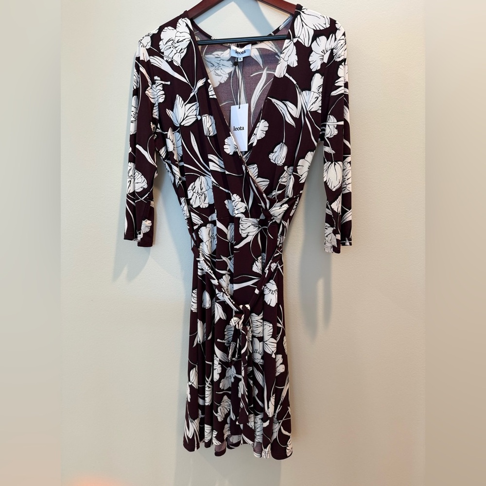 Leota Wine and White Floral Long Sleeve Midi Wrap Dress